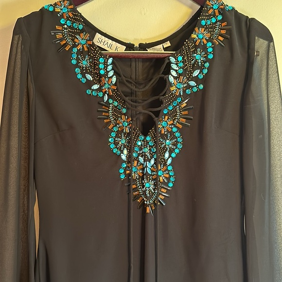 Shail K black long sleeve tie shift dress with blue and gold jewels - Picture 3 of 7